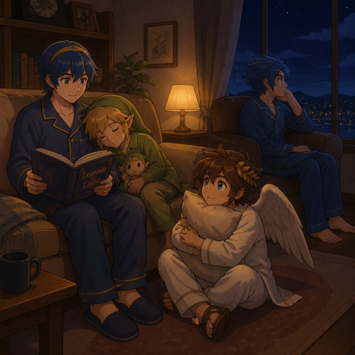 Super smash brothers young link from legend of Zelda, pit from kid Icarus, Marth from fire emblem, sonic the hedgehog as a human It's night time all are in the living room marth is reading a bed time story to the rest, young link is falling asleep leaning on Marth, pit is on the floor hugging a pillow looking at marth intrigued by the story Sonic is on a chair with his one leg over the other listening and staring out the window all are wearing pjs