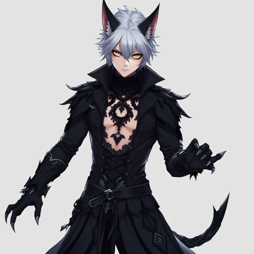 Create in anime style, a young adult, pale skinned, gothic male human wearing black attire and has werewolf features including werewolf’s ears and werewolf’s claws and a werewolf’s tail.