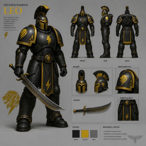 thunder warrior named leo, curved sword, crested, helmet, colors black yellow grey