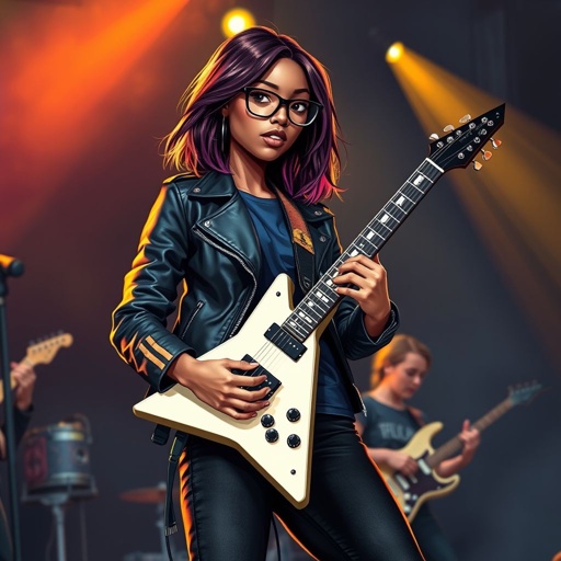 A teenage darker skinned African American woman with glasses shoulder length brown hair with highlights in a side part style wearing black leather jacket with blue accents black jeans a dark blue shirt on a stage playing a Flying V electric guitar with a band