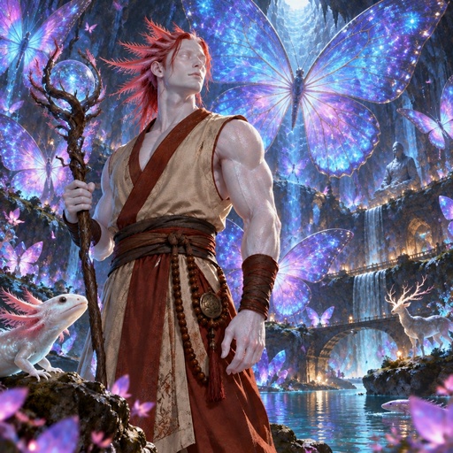 a man with red hair standing in front of a waterfall