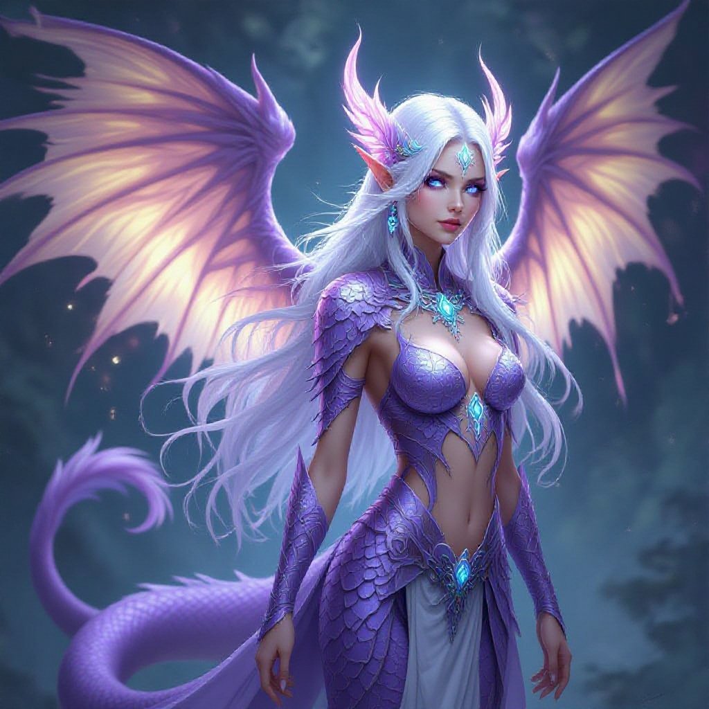 Full view Winged naga with long white hair and bright blue eyes her tail is light purple