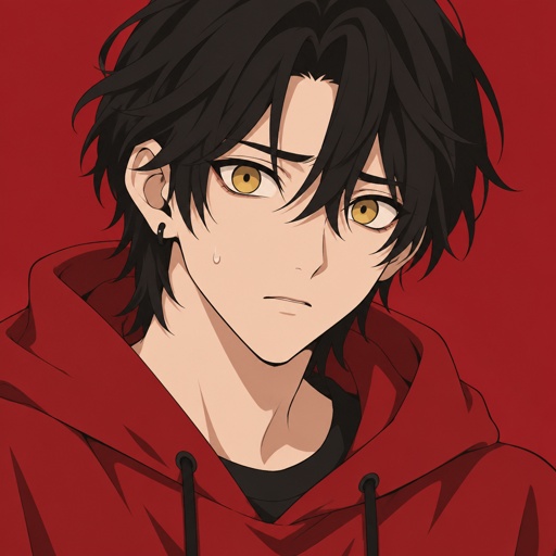 Male, Asian, neck length black hair, yellow eyes, eyeliner, wears red casual clothes, small mouth, nervous, big eyes