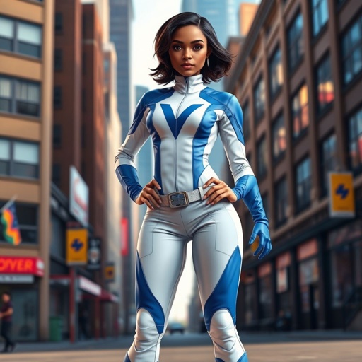 A teenage African American female superhero wearing a domino style mask with slightly curly hair in a shoulder length side part style  wearing a  polyester   White and blue suit with blue pants and a stylized V as her chest emblem a utility belt and blue boot heel less standing in Philadelphia  