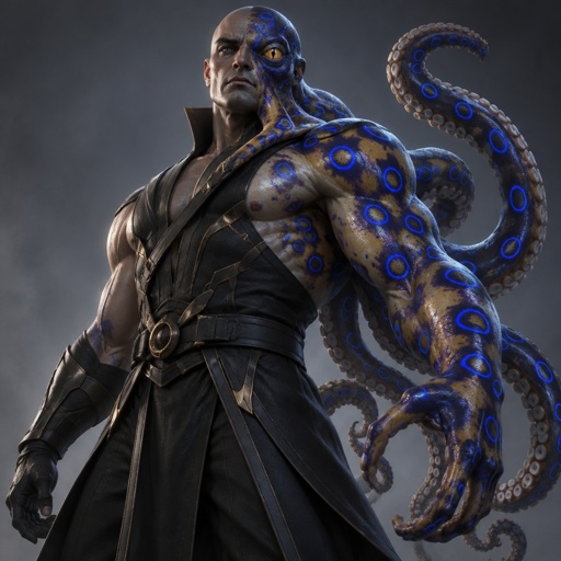 His name is blue ring, a blue ring octopus, half human. His skin is the same as a blue ring octopus, muscular super villain. 