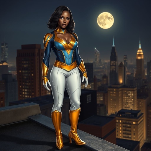 African American female superhero with shoulder length hair in a side part style wearing a  gold white and  blue suit with white pants and gold boots with a stylized V as her chest emblem  standing ona roof in a Philadelphia at night 