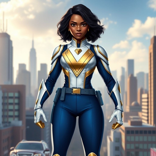 A teenage African American female with shoulder length curly hair  in a side part style superhero  wearing a mask and a professionally made slightly armored white and blue suit with blue pants gold accents and a stylized V as her chest emblem a utility belt and gold boots