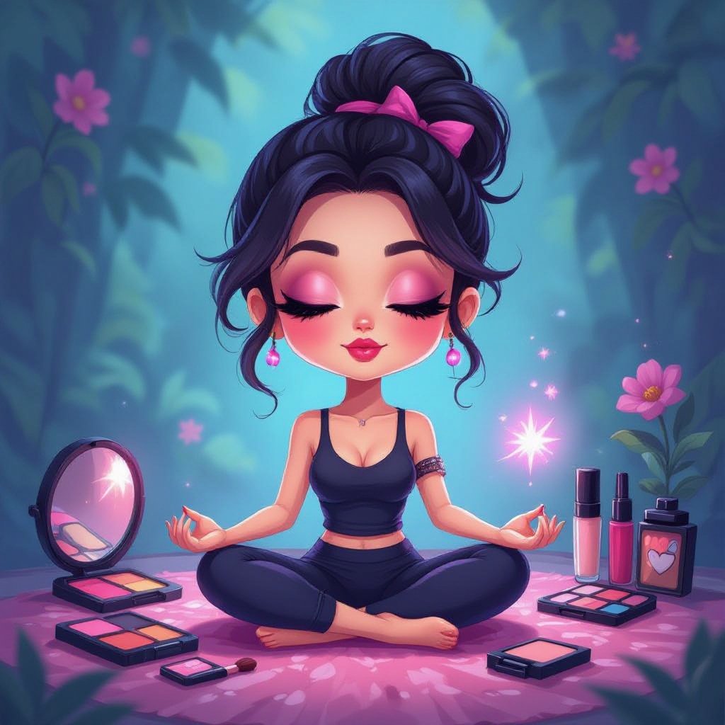Create a chibi character mid 30’s lady who is the meditating with makeup stuff