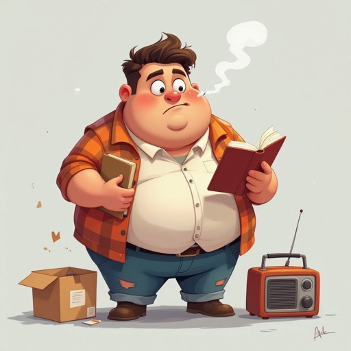 Create a funny fat guy who looks high is has a book box radio 