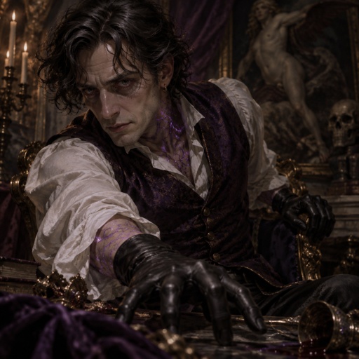 Male, slim, slight eye bags, black messy wavy hair, back hair, brushed side hair, strands of hair in the middle of forehead, ear piercing ring, gloves, purple glowing veins, purple vest, white shirt, no facial hair, bad guy, mid 40s