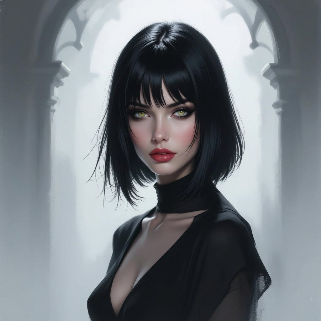 Create mysterious woman jet-black hair is cut sharpand her eyes seem to pierce through darkness. A shadowy aura clings to her form,