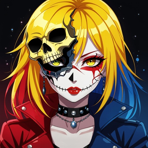 Rockstar girl with skull mask half way off black suductive eyes and a yellow red and blue theme