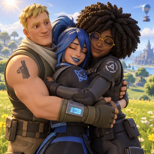 Fortnite jonesy fortnight dr Slone Fortnite hope she has blue hair in a ponytail, jonesy and Slone are giving hope a big hug 