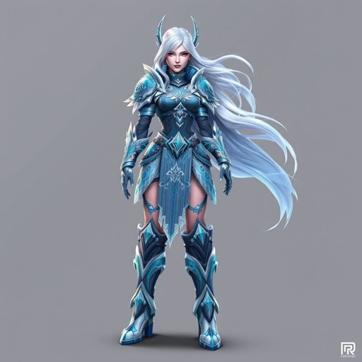 Create a battle woman hero called Alvara the Frostheart. Show full body head to toe including shoes