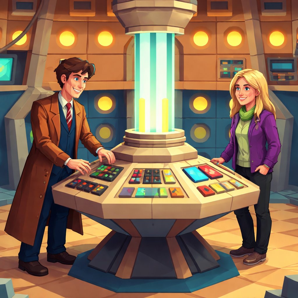 the doctor and sanna in the tardis controll room