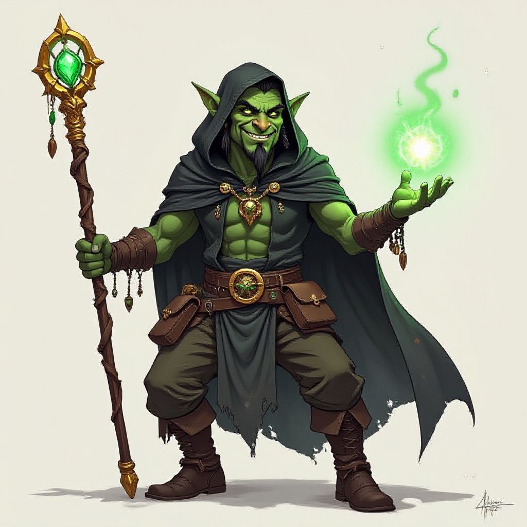 Realistic fantasy comic-book-style art. A thin and tall, but slouching orc, a thin face, with greenish-grey skin, black hair, a goatee, nose ring piercings, he wears a tattered black hood and cape. He is a dark magician/sorcerer, although very amateur. He carries odd trinkets and things that may be used for magic or spells in his belt pouches. He wields a long straight golden staff, that goes above his head, and at the tip of this staff is a bright green emerald, encircled by a ring of gold. He is posing, unique to his character, about to cast a spell, he is a trickster, smiling.