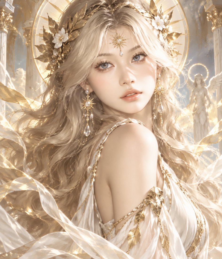 Fantasy-style portrait of a person in ornate gold and ivory robes, surrounded by light and feathers.