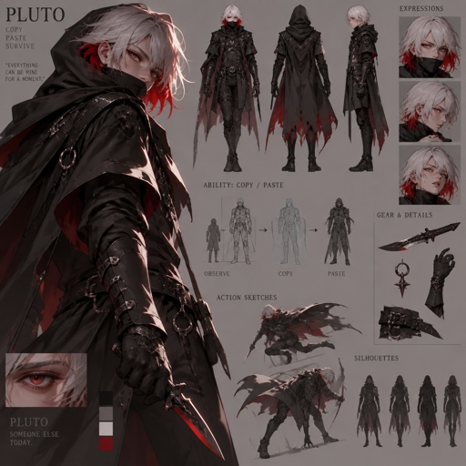 shadow assassin name code pluto, copy cat, copy and paste ability, white hair red on the inside