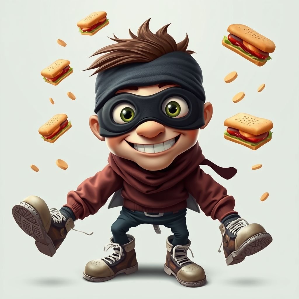 Create a funny looking clumsy thief with funny shoes on. Make him have on the bandit black thing around his eyes. And wanted for stealing sandwiches