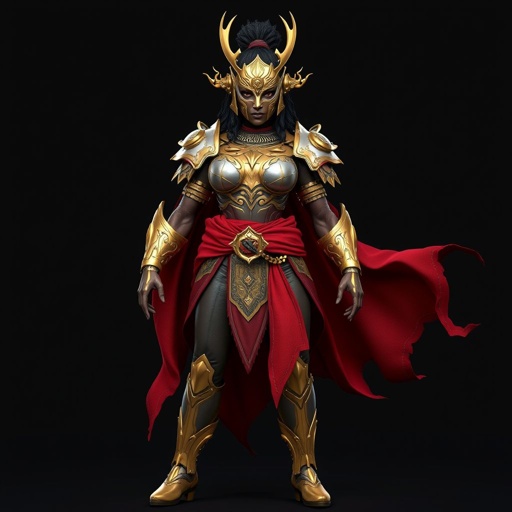 An African American woman wearing A full face female war mask with gold accents wearing a gold and silver set of chest armor with a red cloth wrapped around her waist wearing leather pants with leg armor and gold boots