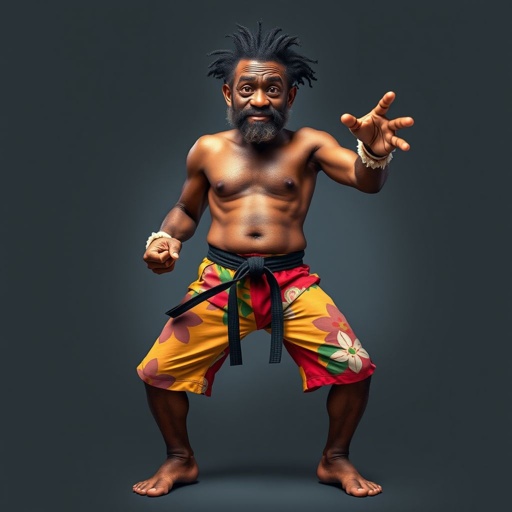 Create a character who looks like a funny African karate guy who doesn’t have a clue what he is doing. Make him have weird toes, only speedos on and a black karate belt.