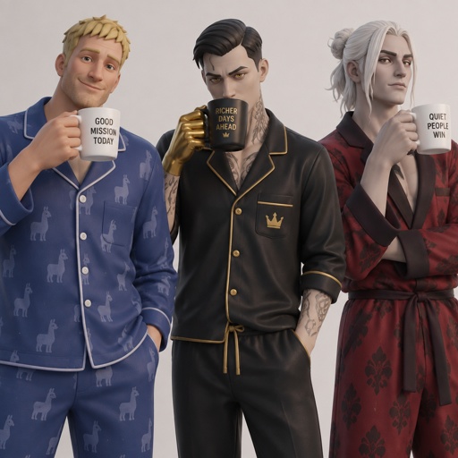 Jones from Fortnite stubble , Midas from Fortnite, Kado Thorne from Fortnite pale skin white hair shoulder length back hair bun, drinking coffee in the morning, all wearing pajamas 
