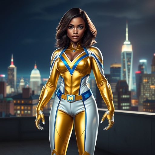 A young African American female superhero with shoulder length hair in a side part style wearing a gold and white suit made of a leather like spandex material with blue accents with white pants and gold boots with a stylized V as her chest emblem standing ona roof in a Philadelphia at night