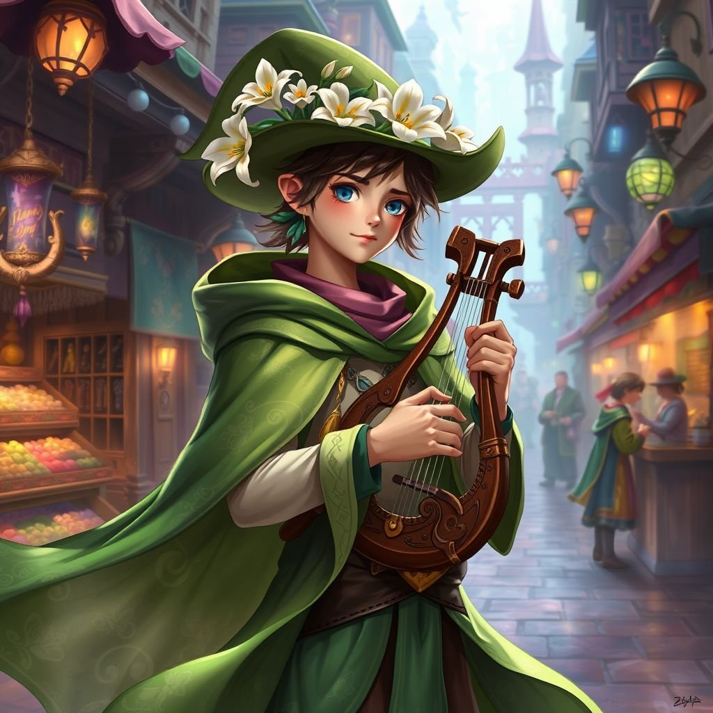 A teenage boy in the form of a bard wearing a green cape and has white lilies on his hat playing the lyre in a bustling city