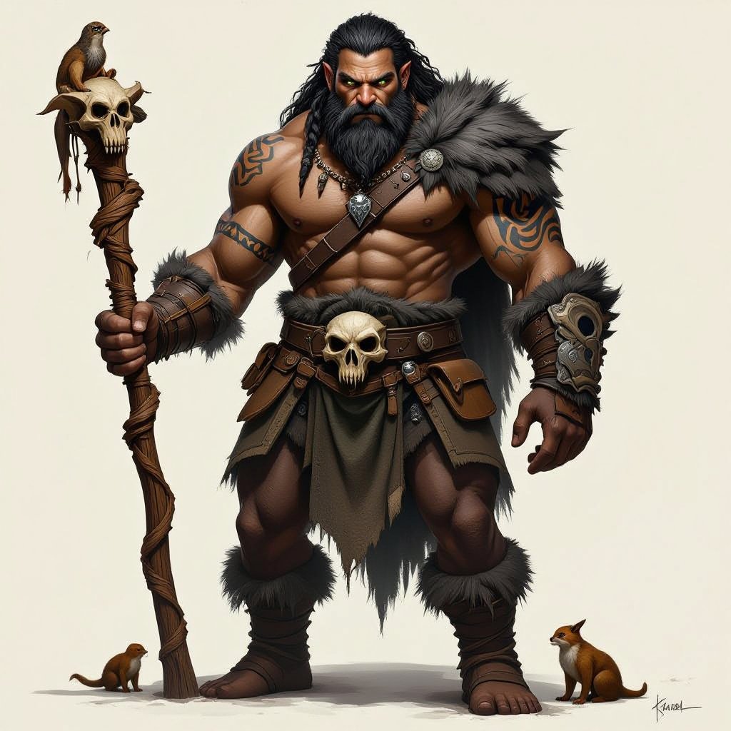 Kael the Beastbound – A rugged, broad-shouldered man with black skin and a rough beard, wearing armor made from bone and leather. deep green eyes tattoos of animal tracks spiral down his arms. He carries a massive wooden staff carved with the shapes of beasts, and small creatures often perch on his shoulders or follow at his feet.