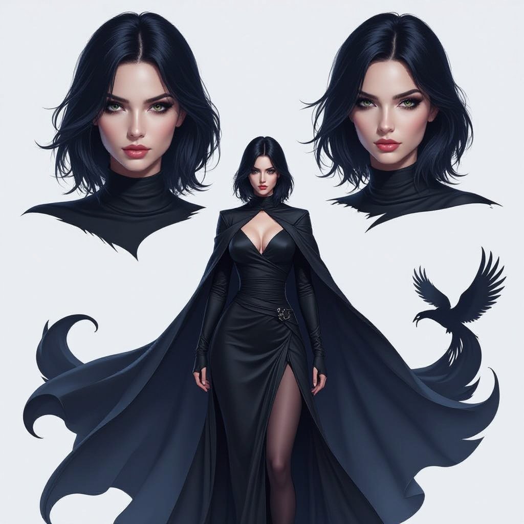 Show character head to toe. Create hero woman jet-black hair is cut sharpand her eyes seem to pierce through darkness. A shadowy aura clings to her form,