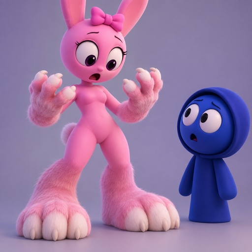 Pinki from Sprunki as her kind wererabbit self noticing that she is getting bigger and stronger with her feet looking like wererabbit paws and her hands looking the same all for Jevin from Sprunki 