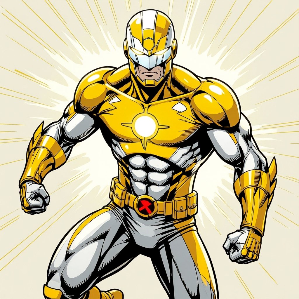 SOLAR SOLDIER. Blinding yellow and white bodysuit. Helmet with Visor. Insignia is ☉. No Red in costume