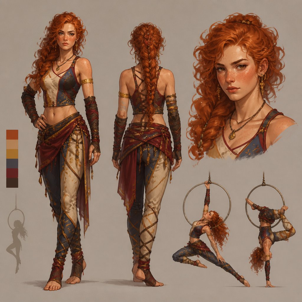 Female,long ginger curly hair, acrobat clothes,freckles,blush,earrings, necklace, hair braid, serious face expression
