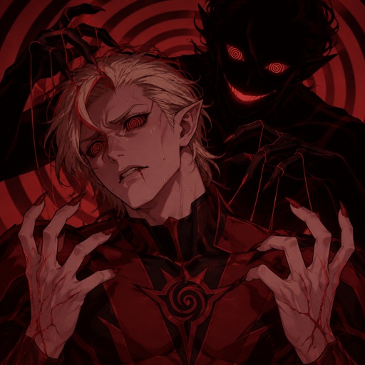 Male, blonde greased brushed back hair, neck length hair, curl on forehead, red streak in hair, slim, scar on lip, red and black spiral eyes no whites, superhero with chaos powers, cool outfit red no cape, pointy ears, pointy fingers with red tips, red veins, nervous, sweating, another version of him that’s completely black except the eyes and mouth smiling trying to manipulate him, spiral background