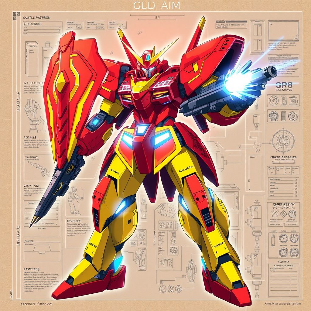 Make a super powerful red and yellow mech with blue highlights and a holographic shield and an energy rifle that fires electro-magnetic waves. The whole picture is a blueprint of the mech with labels and annotations. The engineers hands can be seen outside of the blueprint and in the corners of the picture