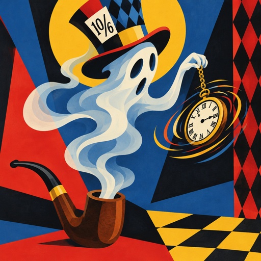 A ghost coming out of a tobacco pipe like smoke  with the mad hatter hat on is checking his pocket watch that is going crazy