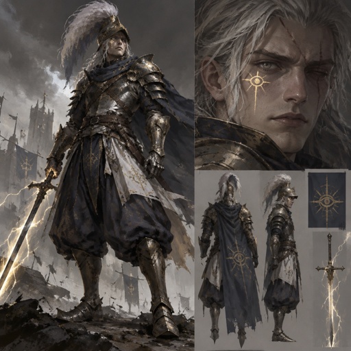 lightning knight, plume helmet, grey hair, eye of the storm mark, baggy pants, scar eye