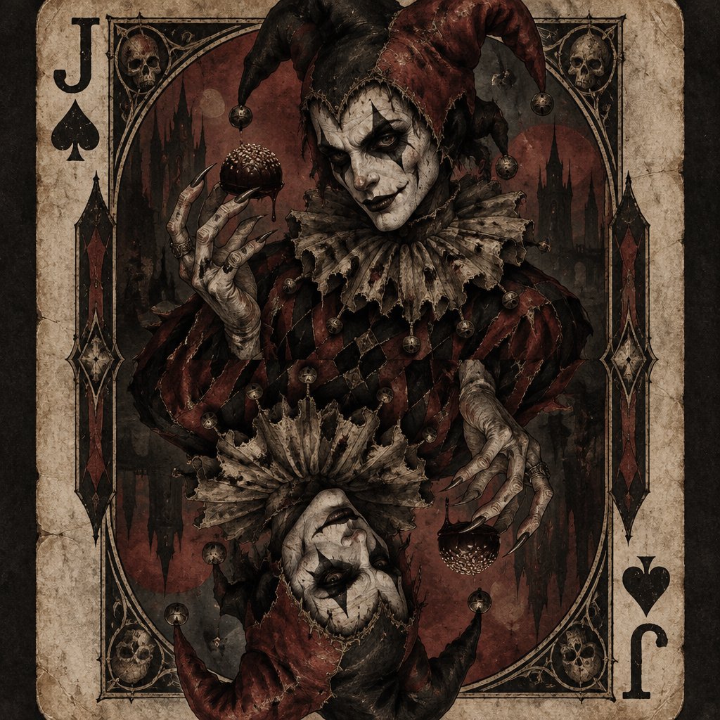 Jester holding a candy truffle on in a bicycle playing card style