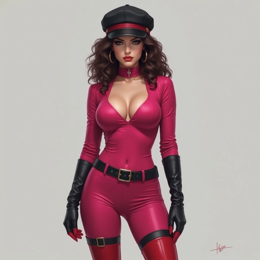 Dark Brown Frizzy Haired Spy Thief in a Tight Hot Pink Bodysuit Dark Red Thigh High Pump Boots. Black Biker Gloves. Black and Red Newsboy Cap