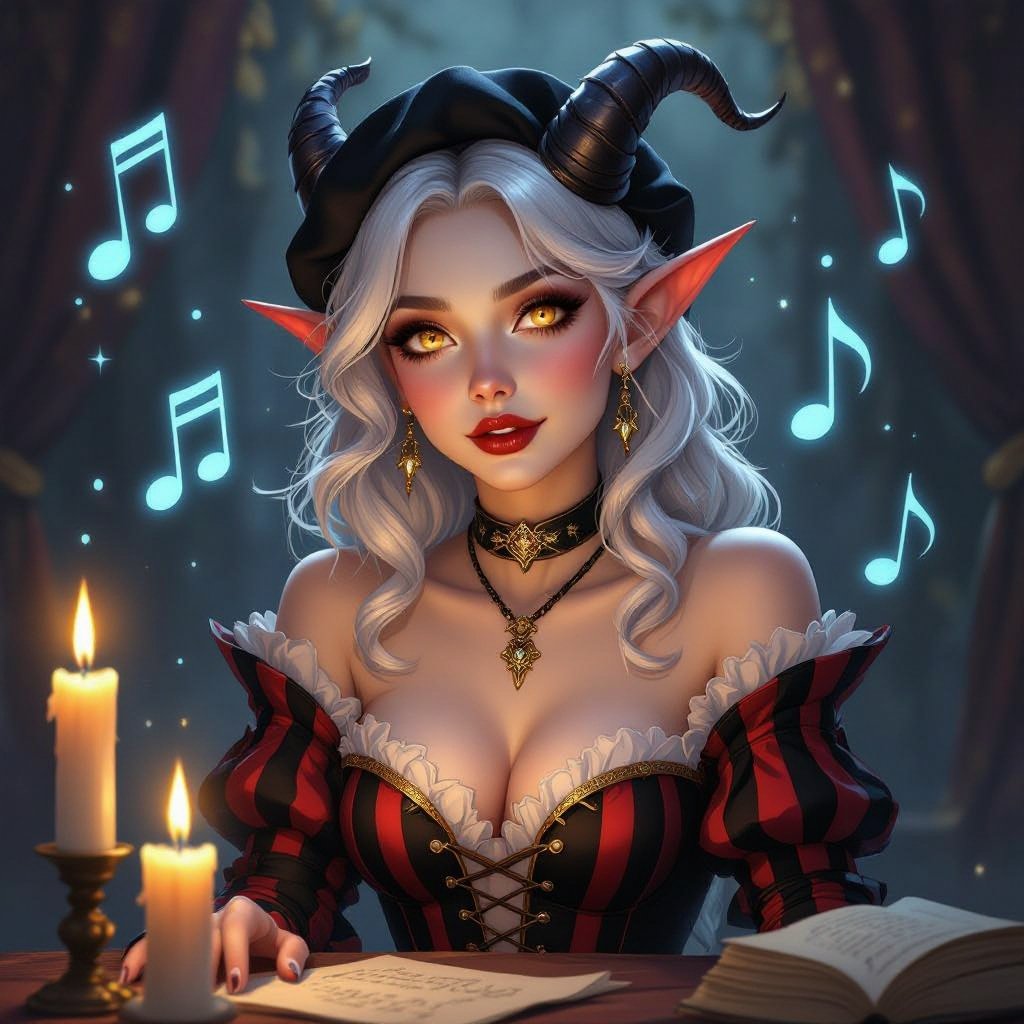A semi-realistic fantasy portrait of Evangeline Ivey, the Fierna Tiefling Bard of the College of Glamour, captured mid-performance on her candlelit stage.  She stands full-body beneath soft golden light, ivory curtains draped behind her, and glowing blue musical notes spiraling through the air as if alive with her magic. Her porcelain-pale skin (#F3EDEB) gleams in the warm light, contrasting against her long silver-white hair (#D6D6DA) cascading around her shoulders. Her amber-gold eyes (#C88C21) are wide with theatrical expression, her mouth open in mid-song or gasp. Dark brown ridged horns (#4A3A2C) curve elegantly from her brow, and her pale devil’s tail curls behind her, tipped red-and-black like an exclamation mark of performance.  Outfit — “Infernal Mime” Parody Costume: • Black-and-deep-red striped bodice with suspenders and gold buckles • Short flared skirt trimmed with faint gold edge • Matching striped thigh-high stockings and long fingerless gloves • Red silk neck scarf tied neatly at her throat • Black heeled shoes and beret with her horns peeking through  Scene & Lighting: Warm candlelight and soft shadows create a theatrical glow across the stage floor and her form. The air is alive with faint magical motes shaped like music notes, curling around her in shimmering blue light.  Mood & Expression: Expressive, whimsical, and dramatic — a parody of classic mimes infused with bardic flair. Evangeline’s pose is mid-gesture, both hands raised as if she’s frozen between song and spell, her eyes alight with mischievous emotion and glamourous command.