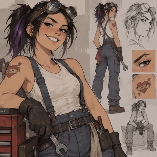 Female, freckles, 18, side ponytail black hair with purple strips, mechanic goggles, white shirt no sleeves no cleavage showing, Jean suspenders, black work gloves, big smirk, eyebrow piercing, red heart with an arrow going through it with the word mom on the heart tattoo on right shoulder, 