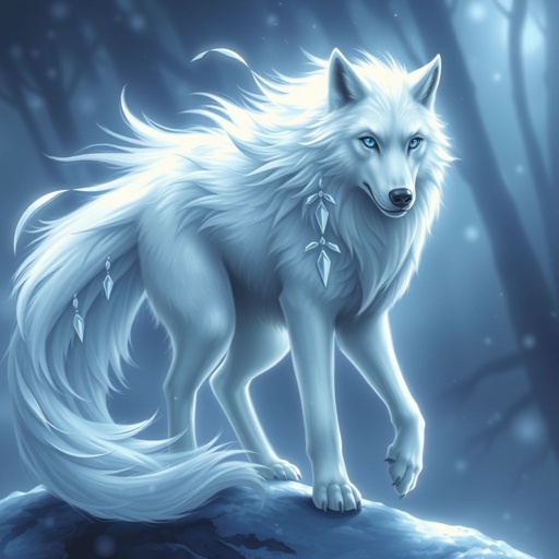 Animal white wolf form with a tail and light blue eyes