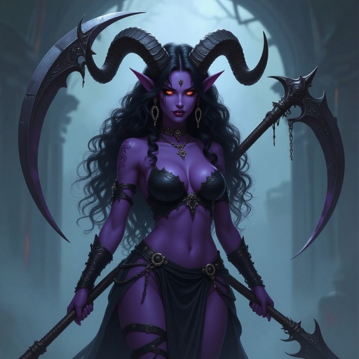 Tifling eldrich knight , purple skin with big horns black eyes and long black curly hair , tall and caring a large scythe dressed as a stripper
