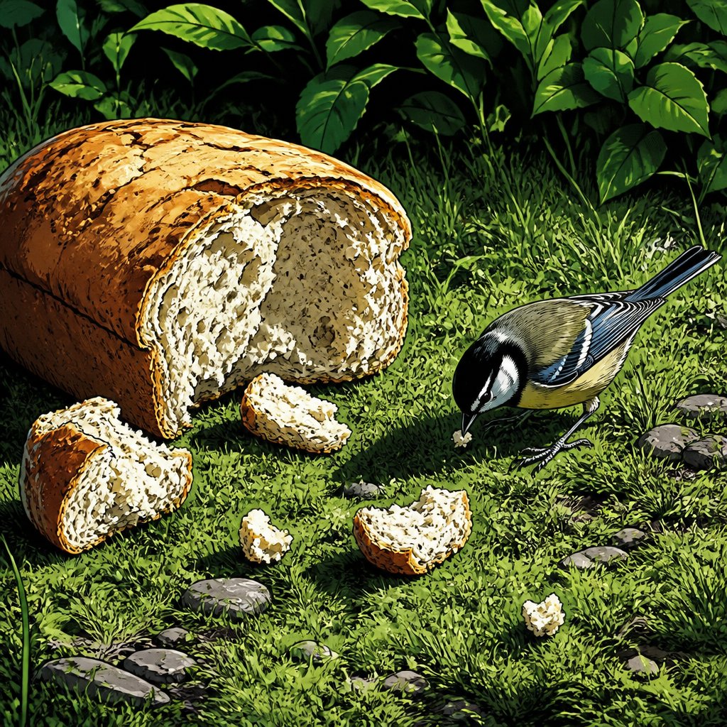 Highly realistic, intense colours no speech bubble no print dots loaf of bread on grass with several chunks, lying near the bread is a tiny bird are pecking