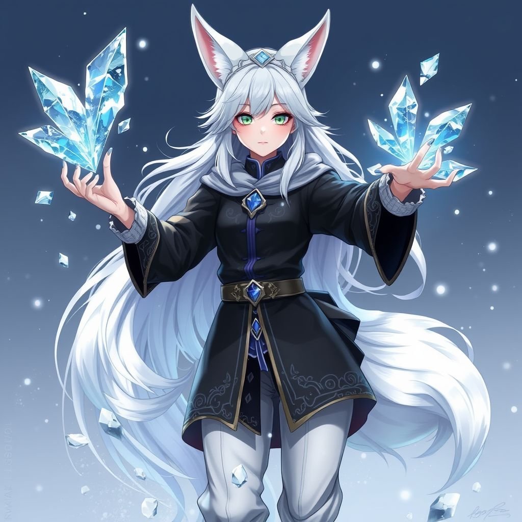 (Genshin Impact) A pale teenage girl with a Cryo Vision wearing a royal black top and trousers with hair and small fox ears as white as snow with emerald eyes and conducting ice