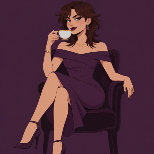 Female, slim, brown medium length smooth wolf-cut hair , freckles, dimples, long eyeliner, upturned nose, drinking tea, bad guy, knee length purple dress off the shoulders, jewelry, necklace infinity symbol, heels, wedding ring, smirk, no cleavage showing