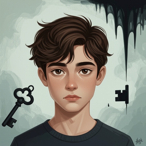 Mysterious teen boy with dark brown hair brown eyes and with a dark past