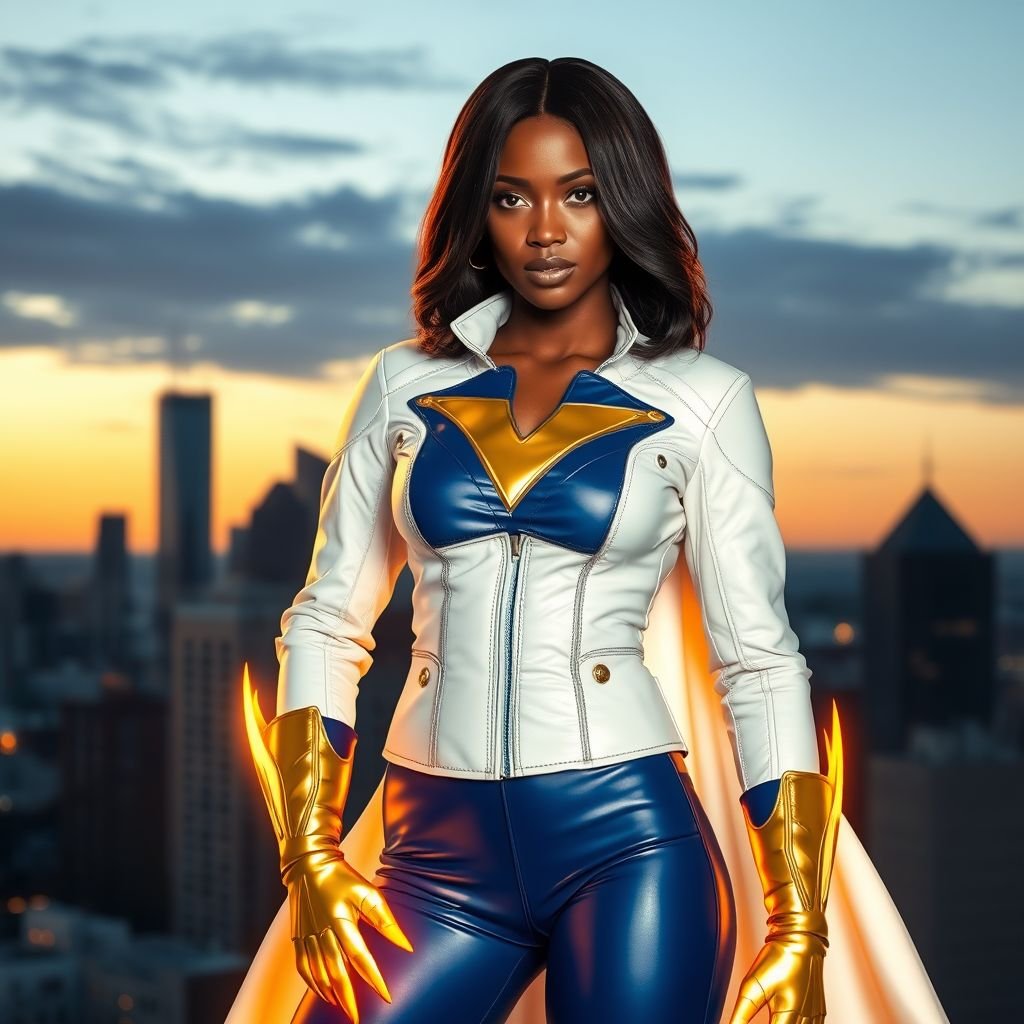 African American female superhero with shoulder length hair in a side part style and  wearing a homemade leather white and blue suit with gold accents and blue pants with a stylized V as her chest emblem wearing gold flat boots  made of gold fire standing in Philadelphia at dusk