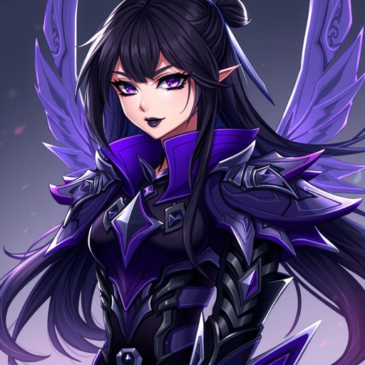 Purple and black armoured Girl with jet black long hair with dark purple eyes that glow and black eye shadow and black lipstick