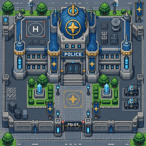 Police station full building for a futuristic fantasy city game, exterior, top down style